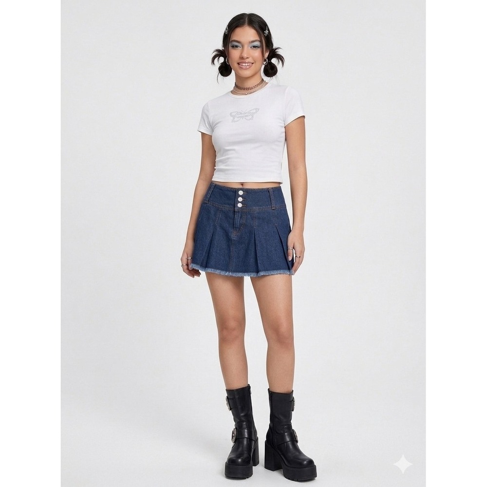 Rewash Indigo Pleated Denim Mini Micro Skirt 11/30 Y2K Schoolgirl Bratz Doll Emo